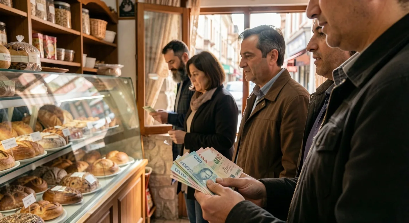 Küçük bir sırada nakit ödeme bekleyen kişiler