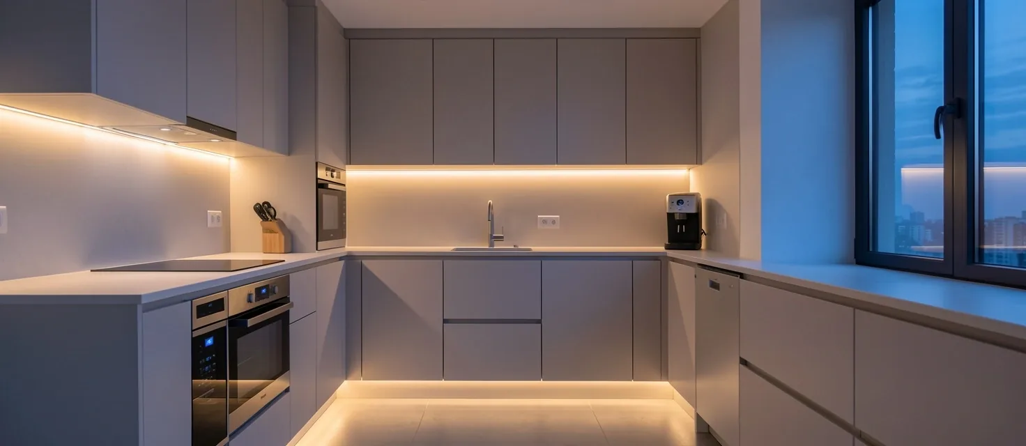 LED aydınlatmalı modern bir mutfak iç mekanı