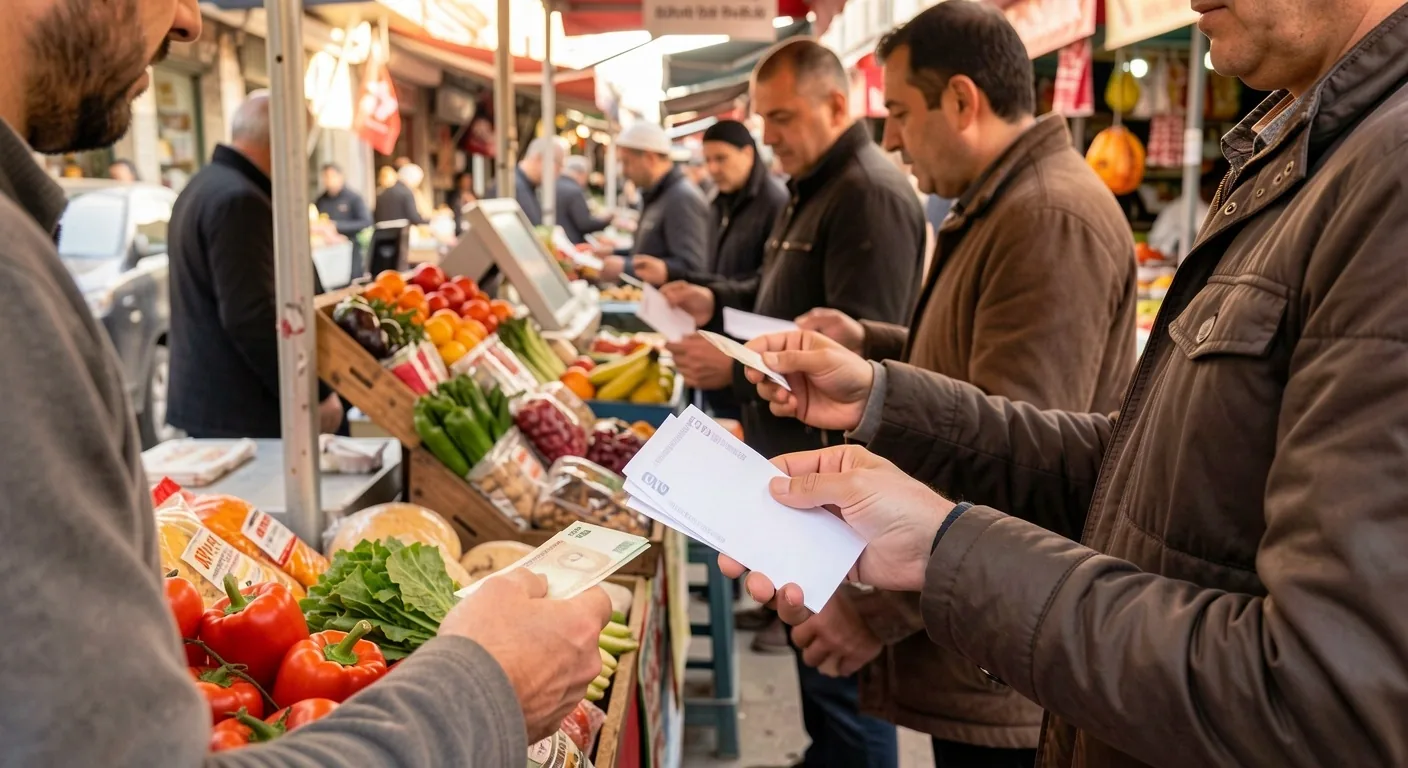 Market kasasında küçük bir kuyruk bekleyen insanlar